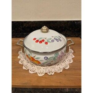 Vintage Enamelware Dutch Oven Pot w/Brass Handles